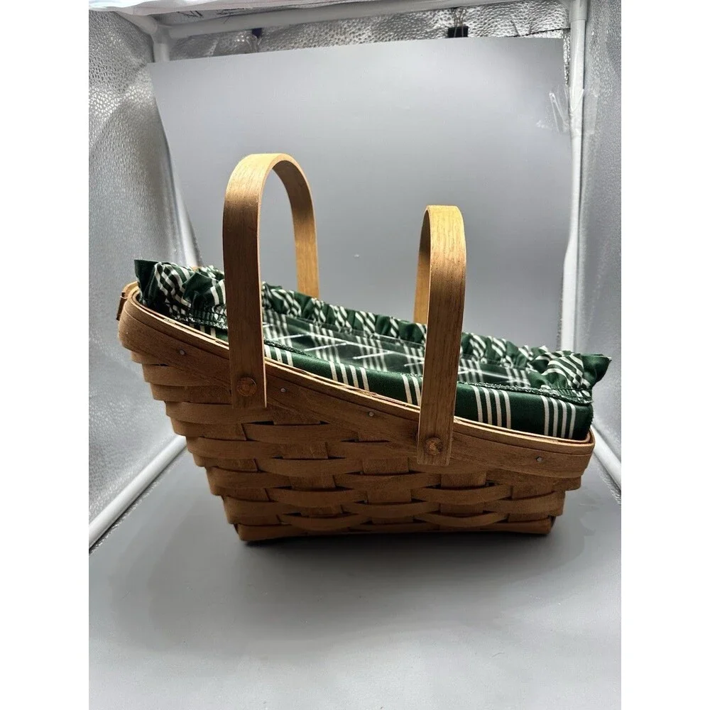 Longaberger Medium Vegetable Basket 2 Handles Green Stripe Liner & Protector